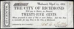 1862 Twenty-Five Cents The City of Richmond, VA Obsolete Note