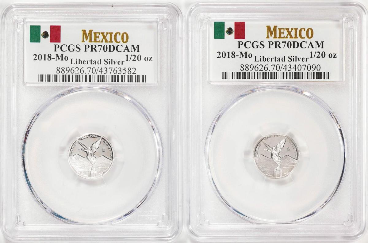 Set of (2) 2018Mo Mexico Proof 1/20 oz Silver Libertad Coins PCGS PR70DCAM