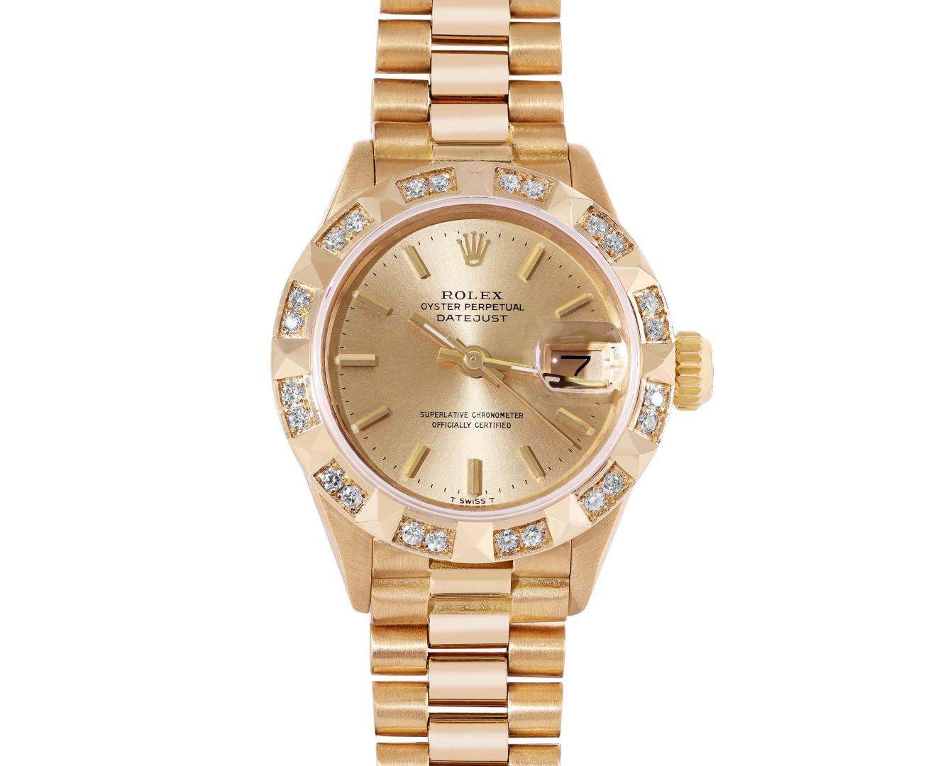 Rolex Ladies 18K Yellow Gold Diamond President Wristwatch With Rolex Box