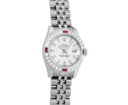 Rolex Ladies Stainless Steel White Index Ruby and Diamond Datejust Wristwatch