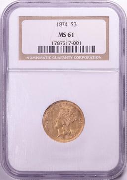 1874 $3 Indian Princess Head Gold Coin NGC MS61