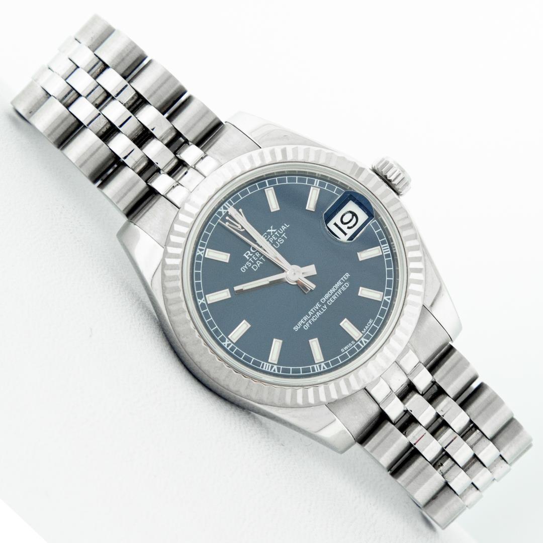 Rolex Ladies Midsize Stainless Steel Blue Index Datejust Wristwatch