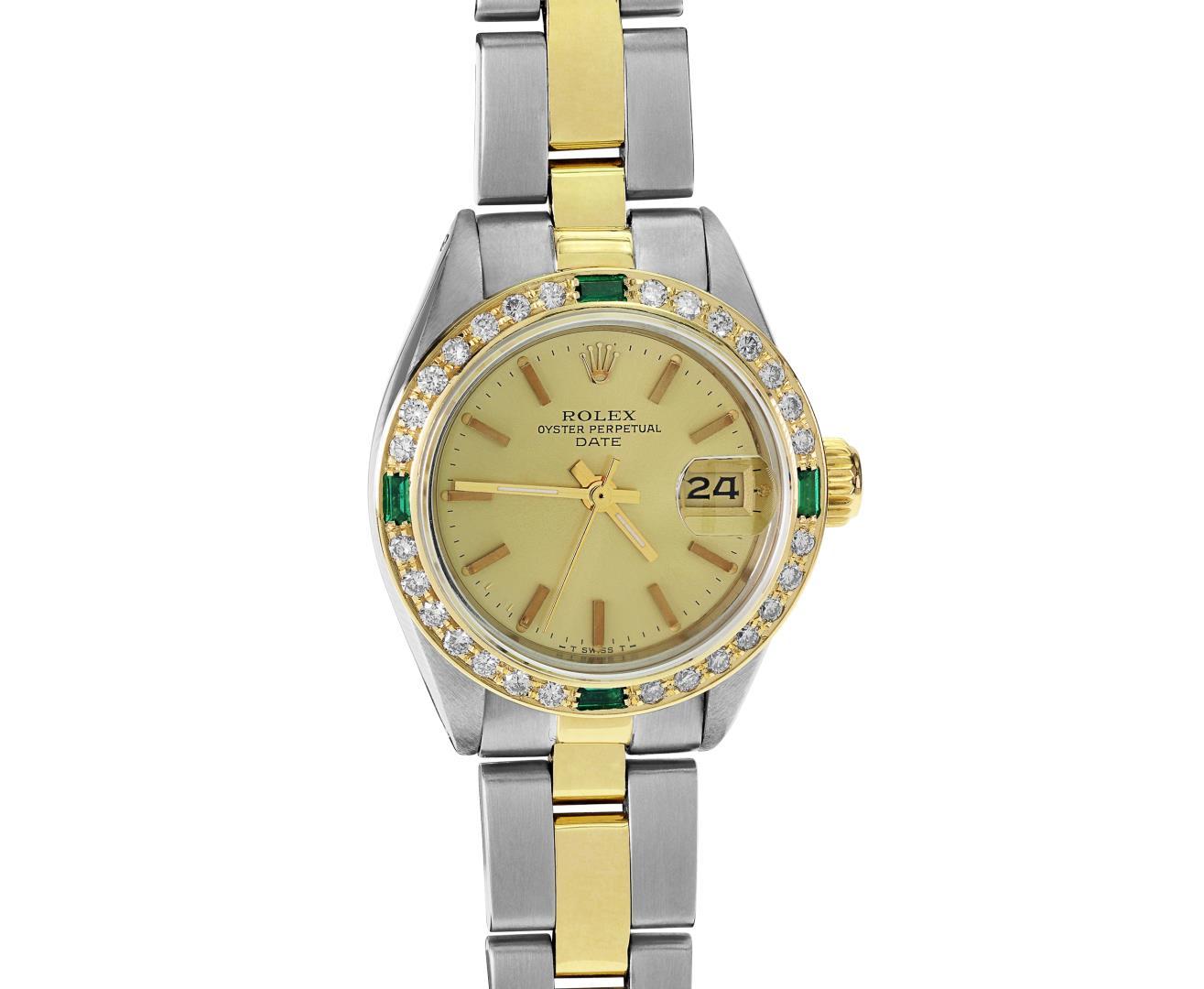 Rolex Ladies Two Tone Emerald and Diamond Date Wristwatch With Rolex Box