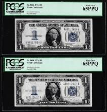 (2) Consecutive 1934 $1 Funnyback Silver Certificate Notes FR.1606 PCGS Gem New 65PPQ