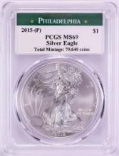 2015-(P) $1 American Silver Eagle Coin PCGS MS69 Struck at Philadelphia -Chipped Slab