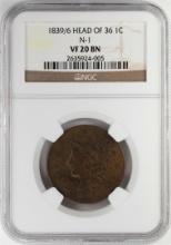 1839/6 Coronet Head of 36 Large Cent Coin NGC VF20 BN