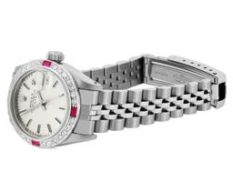 Rolex Ladies Stainless Steel Ruby and Diamond Date Wristwatch With Rolex Box
