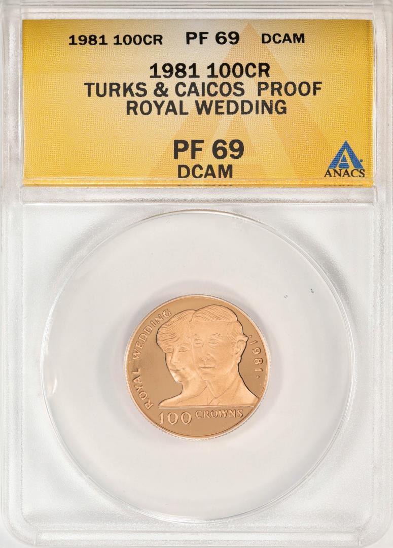 1981 100 Crowns Proof Turks & Caicos Royal Wedding Gold Coin ANACS PF69DCAM