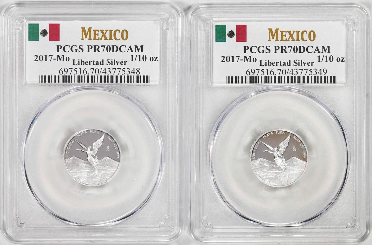 Lot of (2) 2017-Mo Mexico Proof 1/10 oz Silver Libertad Coins PCGS PR70DCAM
