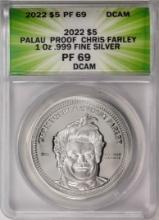 2022 $5 Palau Proof Chris Farley Silver Coin ANACS PF69DCAM