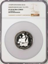 1973FM Bahamas $10 Proof Independence Silver Coin NGC PF69 Ultra Cameo