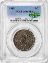 1818 Coronet Head Large Cent Coin PCGS MS63BN CAC