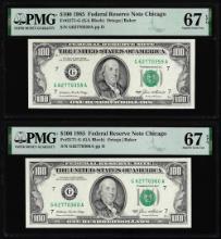 (2) Consecutive 1985 $100 Federal Reserve Notes Fr.2171-G PMG Superb Gem Unc 67EPQ
