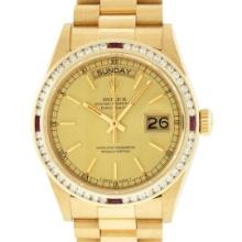Rolex Men's 18K Yellow Gold Champagne Ruby and Diamond Day Date President Wristwatch