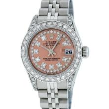 Rolex Ladies Stainless Steel Salmon Diamond Quickset Datejust Wristwatch