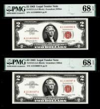 (2) Consecutive 1963 $2 Legal Tender Notes Fr.1513 PMG Superb Gem Uncirculated 68EPQ