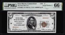 Serial #2 - 1929 $5 First NB & Trust Co. New Haven, CT CH# 2 National PMG Gem Unc. 66EPQ