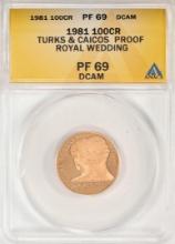 1981 100 Crowns Proof Turks & Caicos Royal Wedding Gold Coin ANACS PF69DCAM