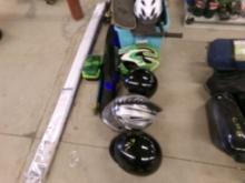 Blue Tote with Skateboards, (5) Helmets, Boxing Gloves, (3) Fishing Poles,