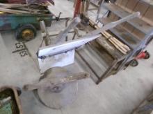 Wooden Wheelbarrow, Bench with Vise, Steel Shelf, Axe Handles and Grindston