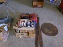 Pallet of Beanies, Antique Saw Blades and Boot Gas Tanks (3125)
