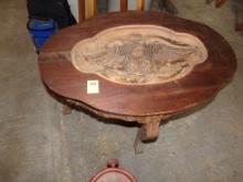 Antique Coffee Table with Carved Eagle Inlay, Cherry Colored (Garage)