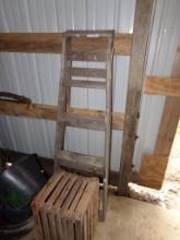 Wooden Step Ladder 5' and Wooden Produce Crate (Shed by Garage)