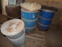 (2) Plastic Drums (2) Galvanized Garbage Cans, Box of Coffee Mugs and Some