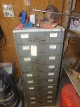 10 Drawer Metal Storage Cabinet with Contents In and On Top, 20'' x 25'' x