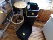 Wooden Barstool And Waste Baskets, Wicker And 3-Tier Organizer (Inside)