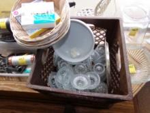 Brown Crate w/Wicker Bread Bowls, Crystal Dishes And A Small Tray(Inside)