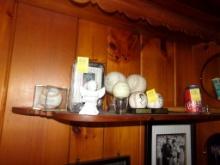Contents of Right Knick Knack Shelf, Baseballs, Coke Can, Souvenir Bat, Etc