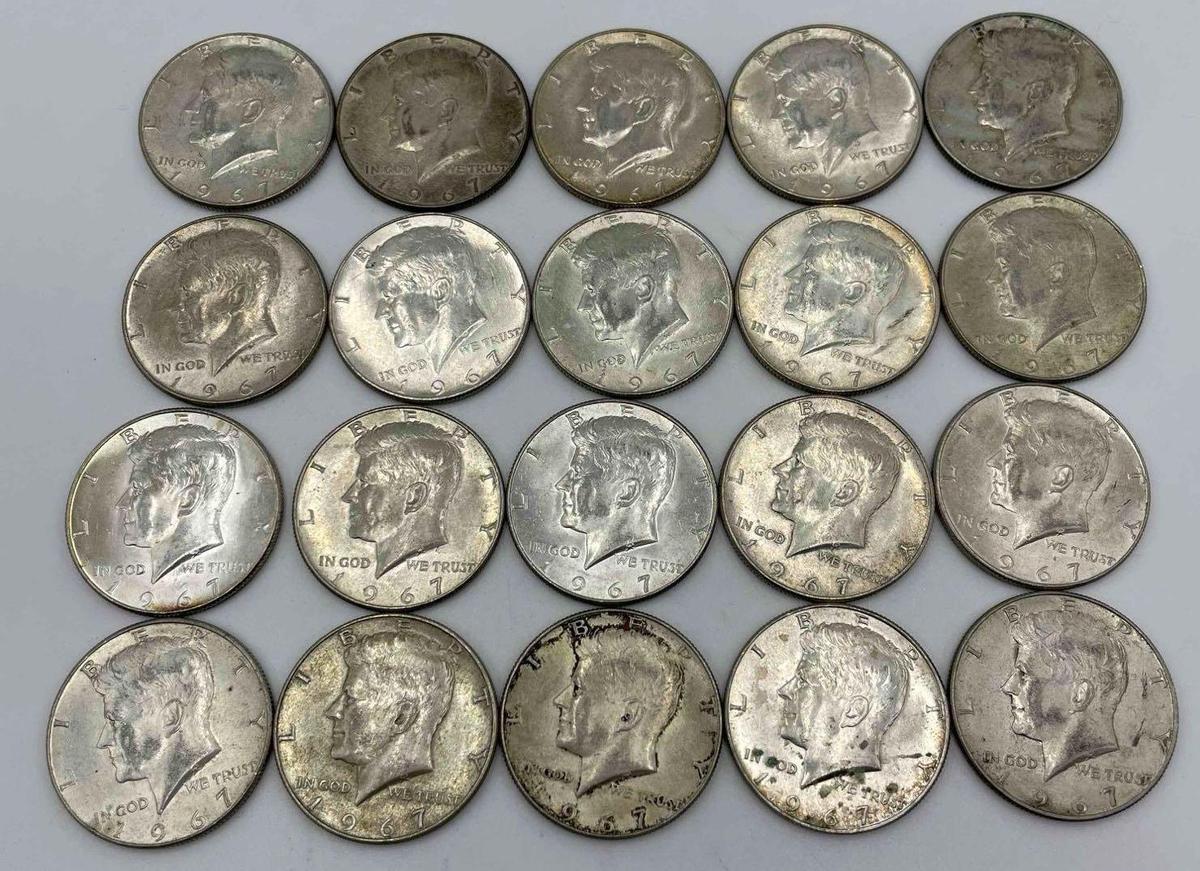 $10.00 face value in US 1967 40% silver Kennedy half dollars (20 pieces)
