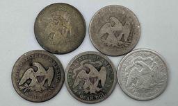 (5) US Seated Liberty Quarters: (2) 1853 Arrows & Rays. 1857. (2) 1876.