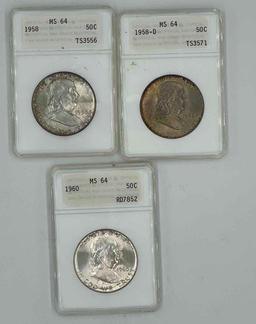 1958, 1958D, 1960 Franklin Silver Half Dollars - all ANACS MS-64. (3 total)