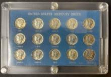 US Mercury dimes in Capital holder "short set". 1941PDS-1945PDS. (15 coins total)