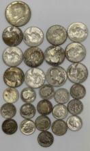 $5.00 face in US 90% silver coins. (16) Roosevelt dimes, (12) Washington quarters, (1) 1964 Kennedy