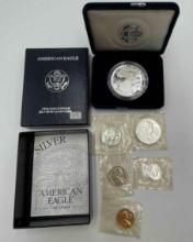 1995 US Mint Proof Silver Eagle in original packaging. 1962 US Proof set in original cellophane, but