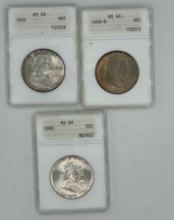 1958, 1958D, 1960 Franklin Silver Half Dollars - all ANACS MS-64. (3 total)