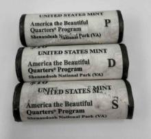 2014 US Mint wrapped P,D,S Uncirculated rolls- "Shenandoah" America the Beautiful Quarters (3