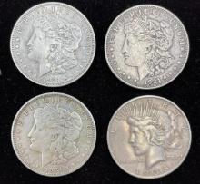 (3) 1921 Silver Morgan dollars & 1935S Silver Peace Dollar (4 coins total)