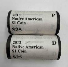2013 US Mint wrapped P,D Uncirculated rolls Sacagawea Golden dollars (2 rolls).