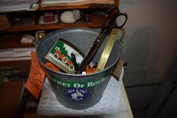 ROLLING ROCK BUCKET WITH ASHTRAY, LARGE SCISSORS,