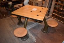 TABLE WITH BOWLING ALLEY TOP AND IRON BASE,