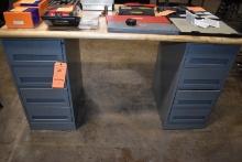 WORK TABLE WITH MAPLE TOP, METAL BASE WITH