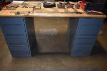 WORK TABLE WITH MAPLE TOP, METAL BASE WITH