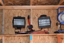 DUAL HEAD HALOGEN WORK LIGHTS, LOCATED IN SHED