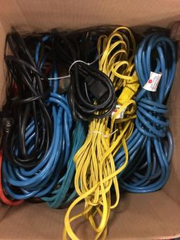 Box of heavy duty straps, box of extension cords and igloo cooler