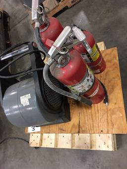 Floor fan and 3 fire extinguishers