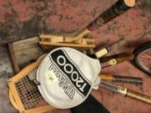 Lot of rackets in old wooden crate